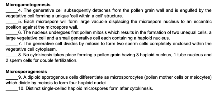 Microgametogenesis
_4. The generative cell subsequently detaches from the pollen grain wall and is engulfed by the
vegetative cell forming a unique 'cell within a cell' structure.
_5. Each microspore will form large vacuole displacing the microspore nucleus to an eccentric
position against the microspore wall.
_6. The nucleus undergoes first pollen mitosis which results in the formation of two unequal cells, a
large vegetative cell and a small generative cell each containing a haploid nucleus.
_7. The generative cell divides by mitosis to form two sperm cells completely enclosed within the
vegetative cell cytoplasm.
_8. No cytokinesis takes place forming a pollen grain having 3 haploid nucleus, 1 tube nucleus and
2 sperm cells for double fertilization.
Microsporogenesis
_9. A diploid sporogenous cells differentiate as microsporocytes (pollen mother cells or meiocytes)
which divide by meiosis to form four haploid nuclei.
_10. Distinct single-celled haploid microspores form after cytokinesis.
