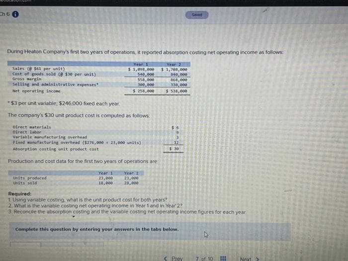 Ch 6
During Heaton Company's first two years of operations, it reported absorption costing net operating income as follows:
Year 1
Year 2
$1,708,000
$ 1,098,000
540,000
558,000
300,000
$ 258,000
Sales ($61 per unit)
Cost of goods sold (@ $30 per unit)
Gross margin
Selling and administrative expenses
Net operating income
*$3 per unit variable, $246,000 fixed each year.
The company's $30 unit product cost is computed as follows:
Direct materials
Direct labor
Variable manufacturing overhead
Fixed manufacturing overhead ($276,000+ 23,000 units)
Absorption costing unit product cost
Production and cost data for the first two years of operations are:
Year 1
23,000
18,000
Units produced
Units sold
Year 2
23,000
28,000
840,000
868,000
330,000
$538,000
5.6
3
12
$:30
Saved
Required:
1. Using variable costing, what is the unit product cost for both years?
2. What is the variable costing net operating income in Year 1 and in Year 2?
3. Reconcile the absorption costing and the variable costing net operating income figures for each year.
Complete this question by entering your answers in the tabs below.
Prey
20
7 of 10
www
III
Next >