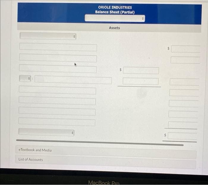 eTextbook and Media
List of Accounts
ORIOLE INDUSTRIES
Balance Sheet (Partial)
Assets
MacBook Pro