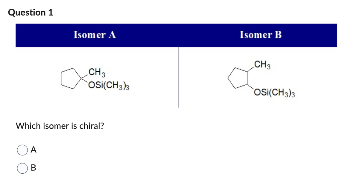 Question 1
Isomer A
B
CH 3
OSI(CH3)3
Which isomer is chiral?
Isomer B
CH3
OSI(CH3)3