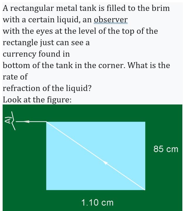 A rectangular metal tank is filled to the brim
with a certain liquid, an observer
with the eyes at the level of the top of the
rectangle just can see a
currency found in
bottom of the tank in the corner. What is the
rate of
refraction of the liquid?
Look at the figure:
1.10 cm
85 cm