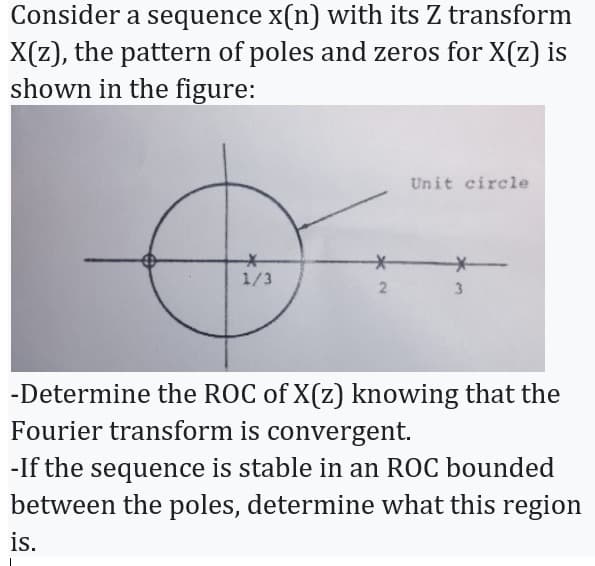 Consider a sequence x(n) with its Z transform
X(z), the pattern of poles and zeros for X(z) is
shown in the figure:
*
1/3
*
2
Unit circle
3
-Determine the ROC of X(z) knowing that the
Fourier transform is convergent.
-If the sequence is stable in an ROC bounded
between the poles, determine what this region
is.