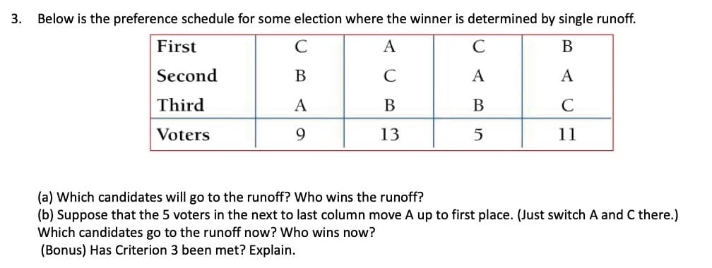 3. Below is the preference schedule for some election where the winner is determined by single runoff.
First
A
C
В
Second
В
А
Third
A
В
C
Voters
13
11
(a) Which candidates will go to the runoff? Who wins the runoff?
(b) Suppose that the 5 voters in the next to last column move A up to first place. (Just switch A and C there.)
Which candidates go to the runoff now? Who wins now?
(Bonus) Has Criterion 3 been met? Explain.
