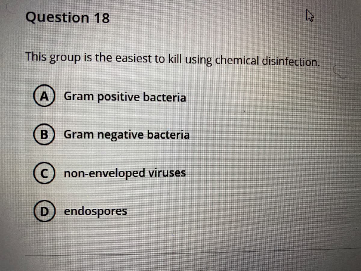 Question 18
This group is the easiest to kill using chemical disinfection.
A Gram positive bacteria
B) Gram negative bacteria
C non-enveloped viruses
D endospores
