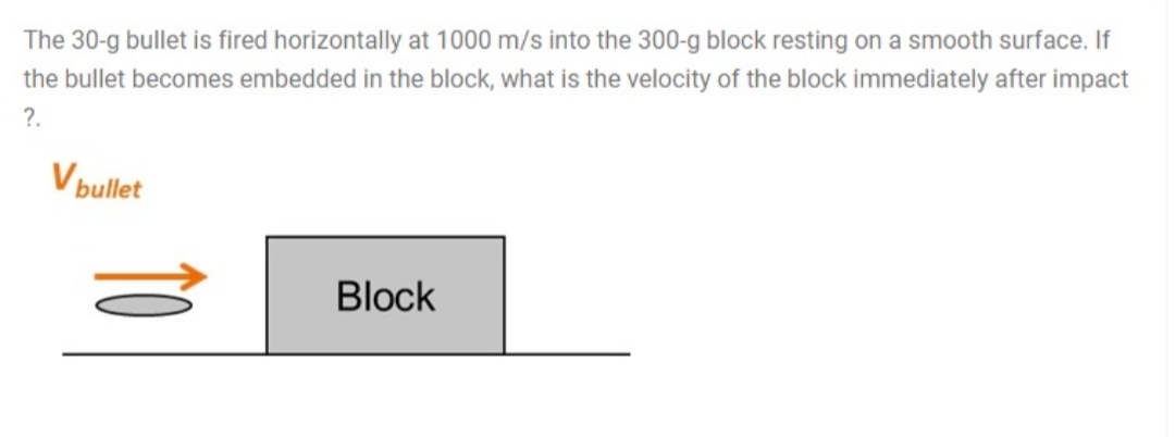 The 30-g bullet is fired horizontally at 1000 m/s into the 300-g block resting on a smooth surface. If
the bullet becomes embedded in the block, what is the velocity of the block immediately after impact
?.
Vbullet
T0
Block
