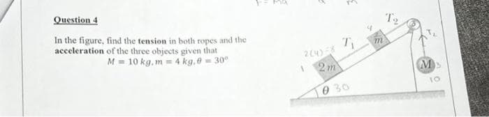 Question 4
In the figure, find the tension in both ropes and the
acceleration of the three objects given that
M = 10 kg.m= 4 kg,0 = 30°
2(4)-8
2m
T₁
030
m
T₂
M
10