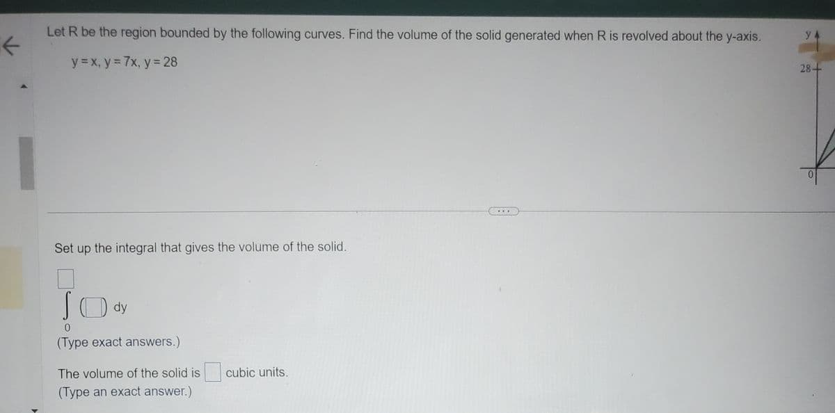 Let R be the region bounded by the following curves. Find the volume of the solid generated when R is revolved about the y-axis.
y = x, y = 7x, y = 28
Set up the integral that gives the volume of the solid.
SO dy
0
(Type exact answers.)
The volume of the solid is cubic units.
(Type an exact answer.)
...
y
28+