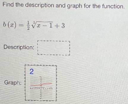 Find the description and graph for the function.
6(a) = V-1+ 3
Description:
Graph:
2.
