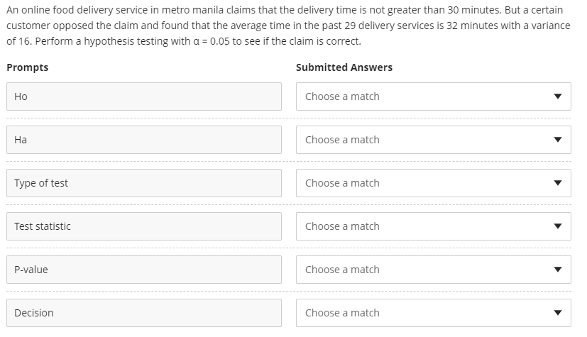 An online food delivery service in metro manila claims that the delivery time is not greater than 30 minutes. But a certain
customer opposed the claim and found that the average time in the past 29 delivery services is 32 minutes with a variance
of 16. Perform a hypothesis testing with a = 0.05 to see if the claim is correct.
Prompts
Submitted Answers
Но
Choose a match
На
Choose a match
Type of test
Choose a match
Test statistic
Choose a match
P-value
Choose a match
Decision
Choose a match
