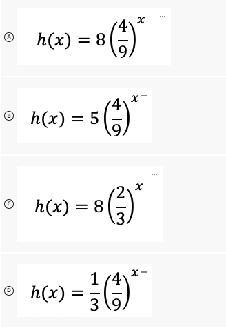 h(x) = 8
9.
%3D
h(x) = 5
O (
© h(x) = 8
1
1 (4
• h(2) =O)
h(x) =
3
