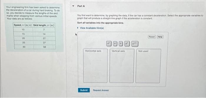 Part A
Your engineering firm has been asked to determine
the deceleration of a car during hard braking To do
so, you decide to measure the lengths of the skid
marks when stopping trom various iniial speeds
Your data are as follows:
You first want to dotermine, by graphing the data, f the car has a constant deceleration. Seiect the appropriate variables to
graph that will produce a straight-line graph if the acceleration is constant.
Sort all variables into the appropriate bins.
Speed, u (m/s) Skid length, z (m)
• Vlew Available Hint(s)
10
15
14
Reset Help
20
27
25
37
30
58
Horizontal axis
Vertical axis
Not used
Submit
Bequest Answer
