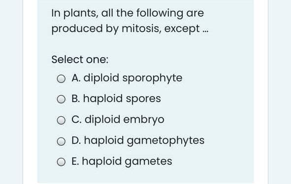 In plants, all the following are
produced by mitosis, except .
Select one:
O A. diploid sporophyte
O B. haploid spores
O C. diploid embryo
O D. haploid gametophytes
O E. haploid gametes
