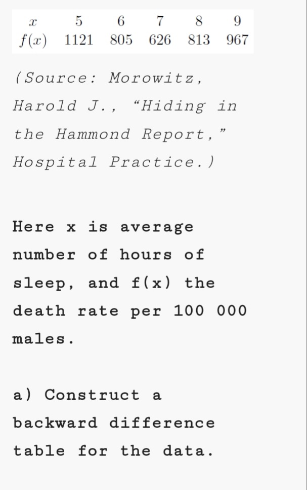 6
7 8 9
f (x) 1121
805
626
813
967
(Source: Morowitz,
Harold J. , “Hiding in
the Hammond Report,"
Hospital Practice.)
Here x is average
number of hours of
sleep, and f(x) the
death rate per 100 000
males.
a) Construct a
backward difference
table for the data.
