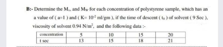 B:- Determine the M,, and Mw for each concentration of polystyrene sample, which has an
a value of (a=1) and (K= 102 ml/gm), if the time of descent (to) of solvent (9 Sec ).
viscosity of solvent 0.94 N/m², and the following data :-
concentration
t sec
5
13
10
15
15
18
20
21