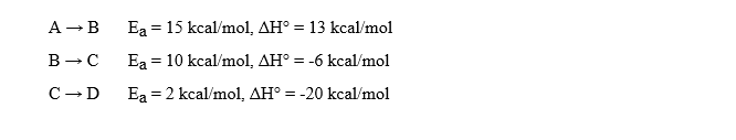 A -B
Ea = 15 kcal/mol, AH° = 13 kcal/mol
В — С
Ea =
= 10 kcal/mol, AH° = -6 kcal/mol
C-D
Ea = 2 kcal/mol, AH° = -20 kcal/mol
