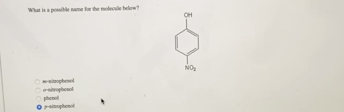 What is a possible name for the molecule below?
Om-nitrophenol
o-nitrophenol
Ophenol
O p-nitrophenol
OH
NO₂