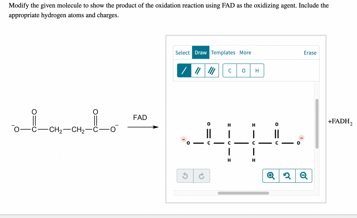 Modify the given molecule to show the product of the oxidation reaction using FAD as the oxidizing agent. Include the
appropriate hydrogen atoms and charges.
–CH2–CH2–C—o
FAD
Select Draw Templates More
O
G
C
。1c
H
|
H
O H
H13IH
Н
81c
O
O
Erase
Q2 Q
+FADH₂