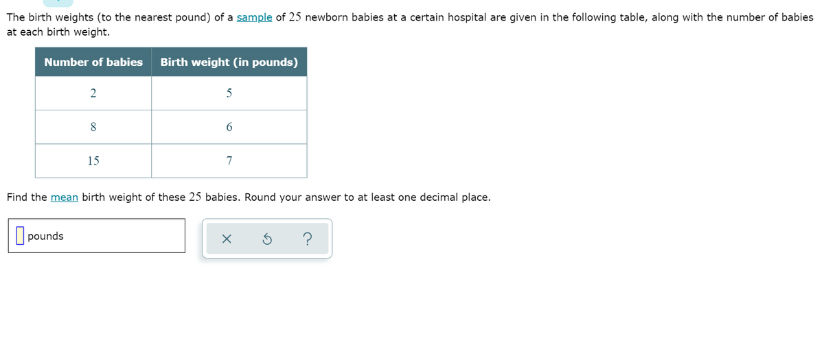 The birth weights (to the nearest pound) of a sample of 25 newborn babies at a certain hospital are given in the following table, along with the number of babies
at each birth weight.
Number of babies
Birth weight (in pounds)
2
5
8
6.
15
7
Find the mean birth weight of these 25 babies. Round your answer to at least one decimal place.
pounds
