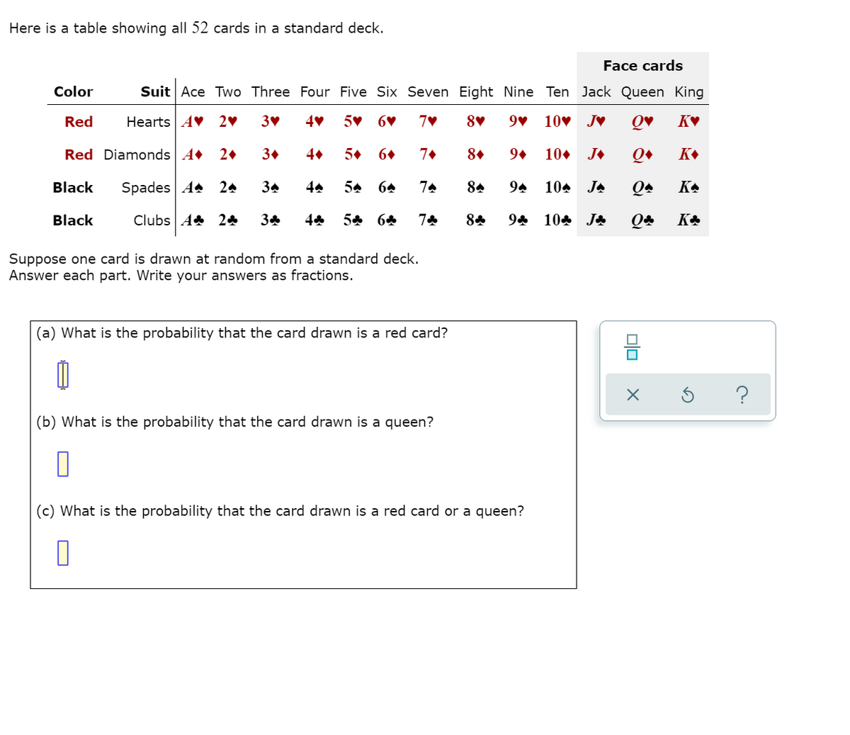 Here is a table showing all 52 cards in a standard deck.
Face cards
Color
Suit Ace Two Three Four Five Six Seven Eight Nine Ten Jack Queen King
Red
Hearts AV 2♥
5V 6♥
10v JV
K♥
Red Diamonds A• 2•
3.
4
5+
6+
7+
8.
9.
10+
J+
Black
Spades A4 24
34
54 64
84
94
104 JA
KA
Black
Clubs A& 24
54 64
84
94 10% J
Suppose one card is drawn at random from a standard deck.
Answer each part. Write your answers as fractions.
(a) What is the probability that the card drawn is a red card?
?
(b) What is the probability that the card drawn is a queen?
(c) What is the probability that the card drawn is a red card or a queen?
