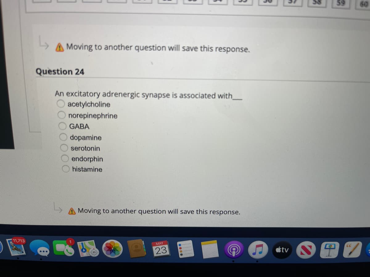 11,713
A Moving to another question will save this response.
Question 24
An excitatory adrenergic synapse is associated with_____
acetylcholine
norepinephrine
GABA
dopamine
serotonin
endorphin
histamine
Moving to another question will save this response.
MAY
(30)
23
0000000
(oc
P
tv
9
59 60
66
2