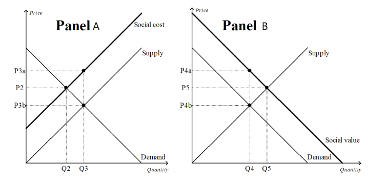 Price
Price
Panel A
Social cost
Panel B
Supply
Supply
P3a
P4a
P2
P5
P3b
P4b
Social value
Demand
Demand
Q2 Q3
Quantity
Q4 Q5
Qнаntity
