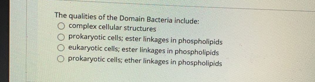The qualities of the Domain Bacteria include:
complex cellular structures
prokaryotic cells; ester linkages in phospholipids
eukaryotic cells; ester linkages in phospholipids
O prokaryotic cells; ether linkages in phospholipids
