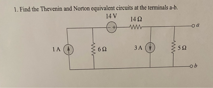 1. Find the Thevenin and Norton equivalent circuits at the terminals a-b.
14 V
14 2
oa
1 A
ЗА
5Ω
