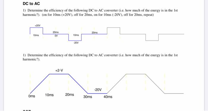 DC to AC
1) Determine the efficiency of the following DC to AC converter (i.e. how much of the energy is in the Ist
harmonic?). (on for 10ms (+20V), off for 20ms, on for 10ms (-20V), off for 20ms, repeat)
+20V
20ms
20ms
10ms
ov
10ms
-20V
1) Determine the efficiency of the following DC to AC converter (i.e. how much of the energy is in the Ist
harmonic?).
+2-V
-20V
10ms
20ms
Oms
30ms
40ms
