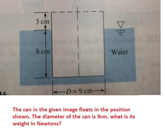 16
mil
3 cm
8 cm
--+-
-D=9 cm-
Water
The can in the given image floats in the position
shown. The diameter of the can is 9cm. what is its
weight in Newtons?