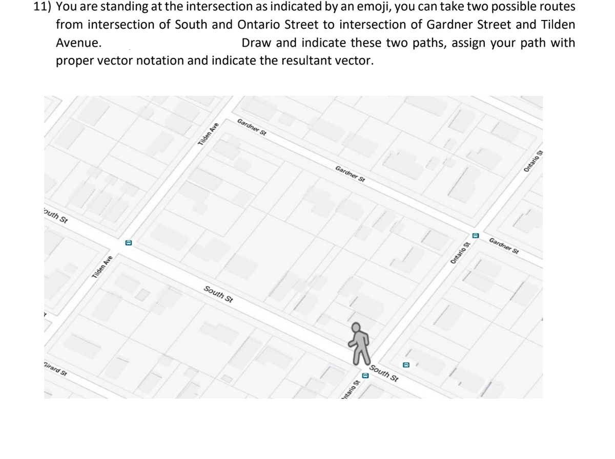 11) You are standing at the intersection as indicated by an emoji, you can take two possible routes
from intersection of South and Ontario Street to intersection of Gardner Street and Tilden
Draw and indicate these two paths, assign your path with
Avenue.
proper vector notation and indicate the resultant vector.
Gardner St
Gardner St
Gardner St
outh St
South St
South St
Girard St
Tilden Ave
Tilden Ave
'ntario St O
Ontario St a
Ontario St
