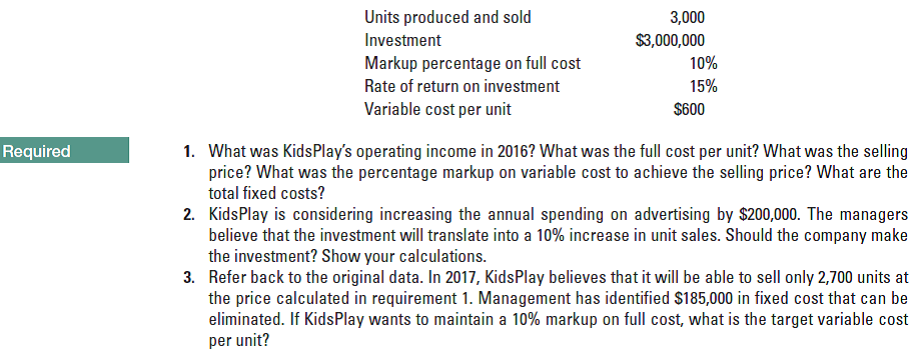 Units produced and sold
Investment
Markup percentage on full cost
Rate of return on investment
Variable cost per unit
3,000
$3,000,000
10%
15%
$600
1. What was KidsPlay's operating income in 2016? What was the full cost per unit? What was the selling
price? What was the percentage markup on variable cost to achieve the selling price? What are the
total fixed costs?
2. KidsPlay is considering increasing the annual spending on advertising by $200,000. The managers
believe that the investment will translate into a 10% increase in unit sales. Should the company make
the investment? Show your calculations.
3. Refer back to the original data. In 2017, KidsPlay believes that it will be able to sell only 2,700 units at
the price calculated in requirement 1. Management has identified $185,000 in fixed cost that can be
eliminated. If KidsPlay wants to maintain a 10% markup on full cost, what is the target variable cost
per unit?
Required
