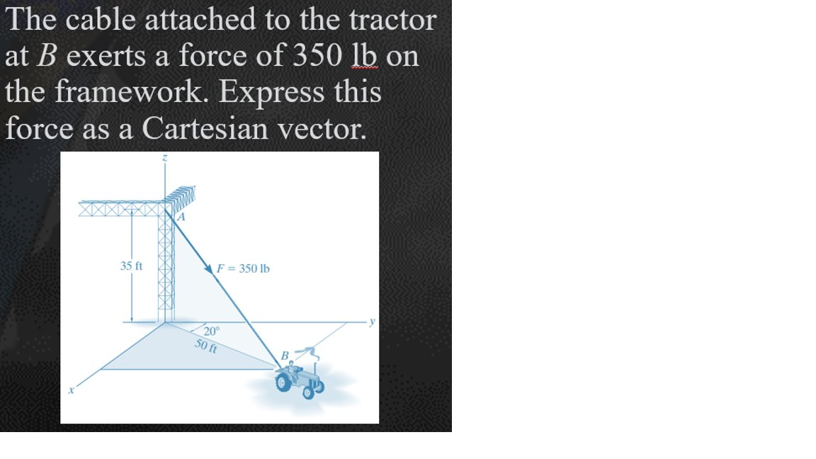 The cable attached to the tractor
at B exerts a force of 350 lb on
the framework. Express this
force as a Cartesian vector.
35 ft
F = 350 lb
20
50 ft
