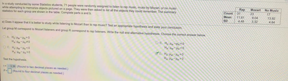 In a study conducted by some Statistics students, 71 people were randomly assigned to listen to rap music, music by Mozart, or no music
while attempting to memorize objects pictured on a page. They were then asked to list all the objects they could remember. The summary
statistics for each group are shown in the table. Complete parts a and b.
Mozart
23
8.04
3.32
Rap
31
No Music
17
Count
Mean
11.61
13,92
SD
4.48
4.84
a) Does it appear that it is better to study while listening to Mozart than to rap music? Test an appropriate hypothesis and state your conclusion.
Let group M correspond to Mozart listeners and group R correspond to rap listeners. Write the null and altemative hypotheses. Choose the correct answer below.
OA Hgi Hu-HR = 0
HAi HM- HR #0
OB. Ho HM HR=0
HA HM - HR <0
D. Hoi HM- HR=0
HA: HM - HR >0
OC. Hgi Hu- HR<0
H HM- PR=0
Test the hypothesis.
t= -3.36 (Round to two decimal places as needed.)
P=
(Round to four decimal places as needed.)
