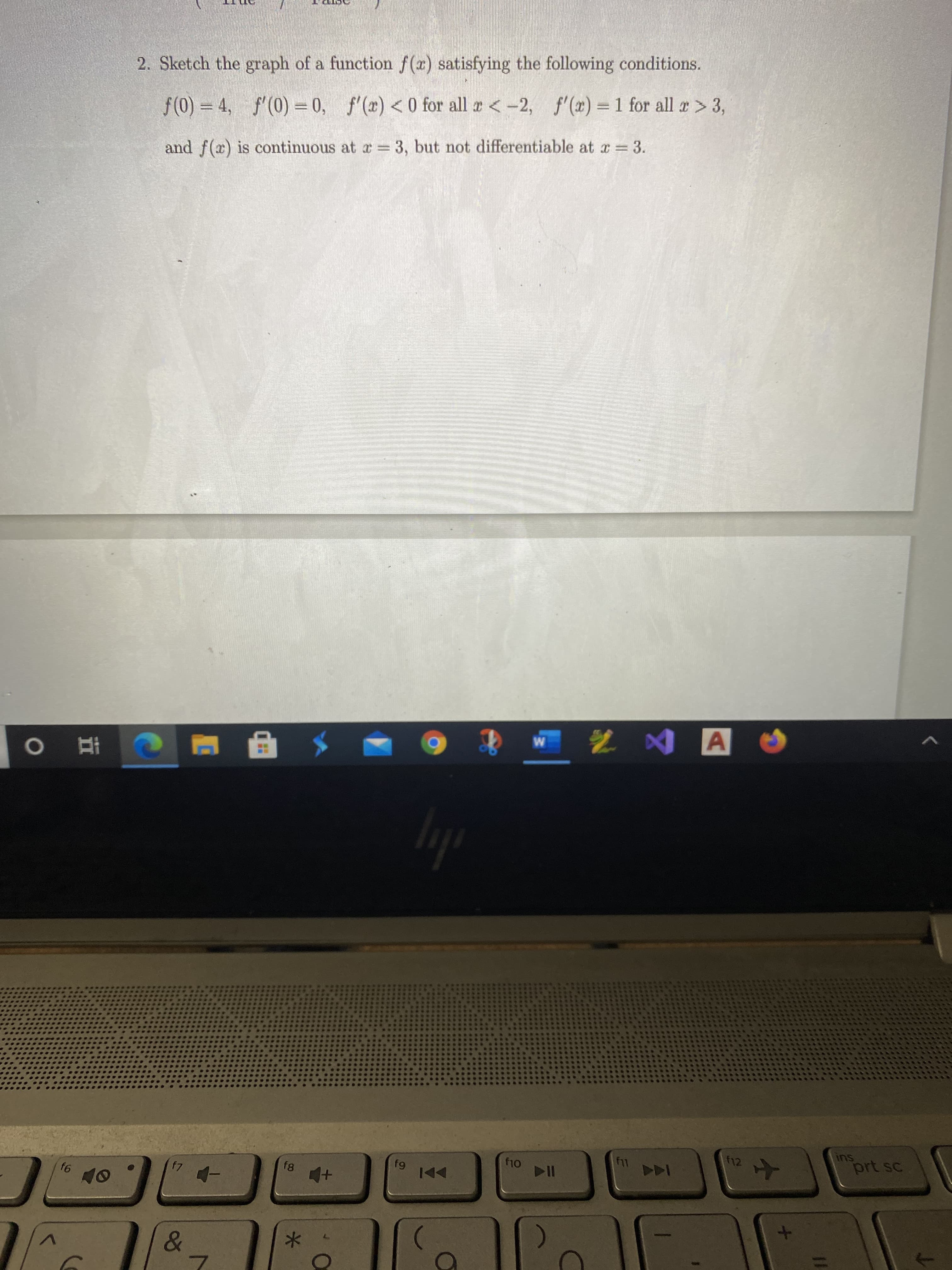 2. Sketch the graph of a function f(x) satisfying the following conditions.
f(0) = 4, f'(0) = 0, f'(x) < 0 for all a < -2, f'(x) =1 for all r > 3,
and f(x) is continuous at a = 3, but not differentiable at a = 3.
%3D
