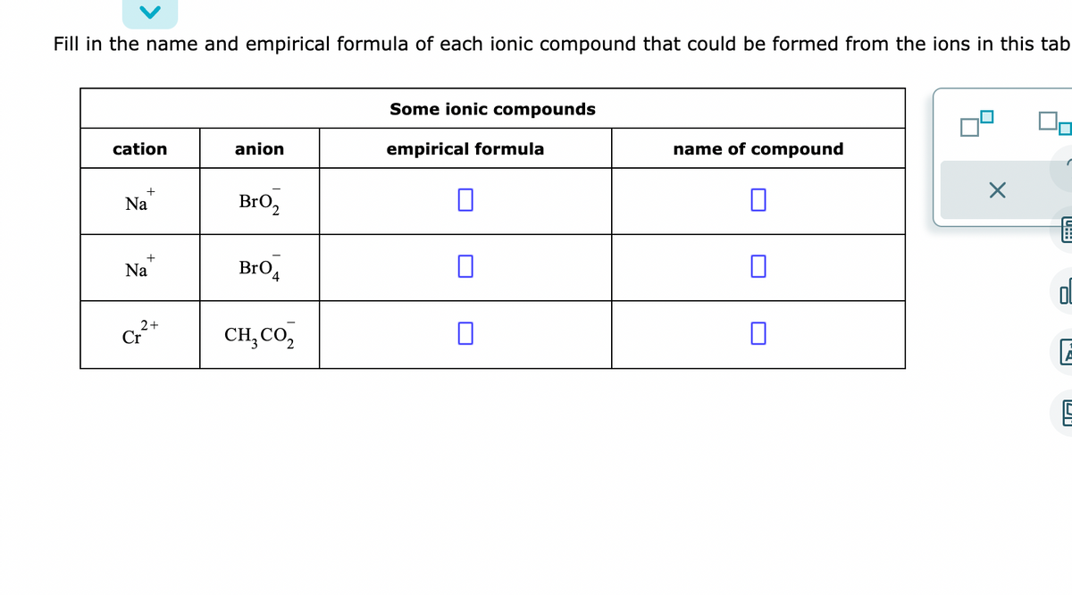 Fill in the name and empirical formula of each ionic compound that could be formed from the ions in this tab
cation
+
Na
+
Na
Cr
2+
anion
BrO 2
Bro
4
CH, CO,
Some ionic compounds
empirical formula
0
0
n
name of compound
0
0
□
X
ה!!!
OL
5