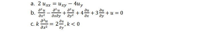 а. 2 ихх — иху — 4uy
a2 u
az u
b.
əx²
azu
ди
+4
+34 + u = 0
дхду
a?u
= 2", k < 0
ax
ду
ди
C. k
ax?
ду
