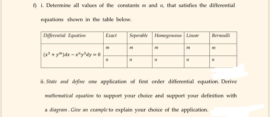 ii. State and define one application of first order differential equation. Derive
mathematical equation to support your choice and support your definition with
a diagram. Give an example to explain your choice of the application.
