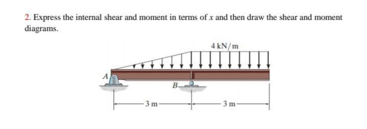 2. Express the internal shear and moment in terms of x and then draw the shear and moment
diagrams.
4 kN/m
A
B-
- 3 m-
3m-
