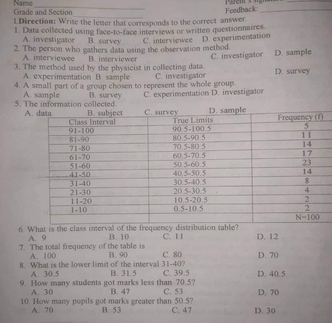 Name
Grade and Section
Feedback:
I.Direction: Write the letter that corresponds to the correct answer.
1. Data collected using face-to-face interviews or written questionnaires.
A. investigator
B. survey
C. interviewee D. experimentation
2. The person who gathers data using the observation method.
A. interviewee
B. interviewer
3. The method used by the physicist in collecting data.
A. experimentation B. sample
C. investigator
4. A small part of a group chosen to represent the whole group.
A. sample
B. survey
5. The information
A. data
C. investigator D. sample
D. survey
C. experimentation D. investigator
C. survey
D. sample
Class Interval
True Limits
90.5-100.5
91-100
81-90
80.5-90.5
71-80
70.5-80.5
61-70
60.5-70.5
51-60
50.5-60.5
41-50
40.5-50.5
31-40
30.5-40.5
21-30
20.5-30.5
11-20
10.5-20.5
1-10
0.5-10.5
6. What is the class interval of the frequency distribution table?
A. 9
B. 10
C. 11
7. The total frequency of the table is
A. 100
B. 90
C. 80
8. What is the lower limit of the interval
31-40?
A. 30.5
B. 31.5
C. 39.5
9. How many students got marks less than 70.5?
A. 30
B. 47
C. 53
10. How many pupils got marks greater than 50.5?
A. 70
B. 53
C. 47
collected.
B. subject
Frequency (f)
5
11
14
17
23
14
8
4
2
D. 12
D. 70
D. 40.5
D. 70
D. 30
4734
alar
2
N=100