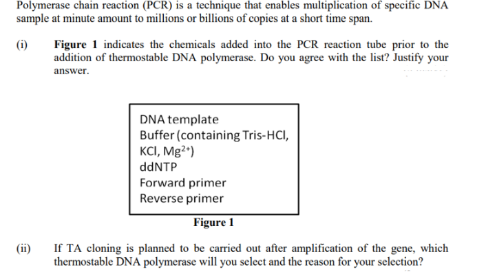 Polymerase chain reaction (PCR) is a technique that enables multiplication of specific DNA
sample at minute amount to millions or billions of copies at a short time span.
(i)
(ii)
Figure 1 indicates the chemicals added into the PCR reaction tube prior to the
addition of thermostable DNA polymerase. Do you agree with the list? Justify your
answer.
DNA template
Buffer (containing Tris-HCI,
KCI, Mg2+)
ddNTP
Forward primer
Reverse primer
Figure 1
If TA cloning is planned to be carried out after amplification of the gene, which
thermostable DNA polymerase will you select and the reason for your selection?