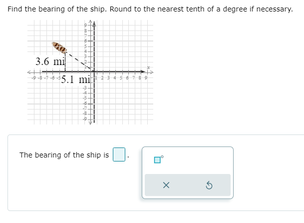 Find the bearing of the ship. Round to the nearest tenth of a degree if necessary.
3.6 mi
-5-7 -6-55.1 mit
3456789
The bearing of the ship is
