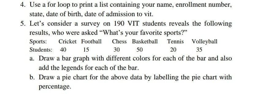 4. Use a for loop to print a list containing your name, enrollment number,
state, date of birth, date of admission to vit.
5. Let's consider a survey on 190 VIT students reveals the following
results, who were asked "What's your favorite sports?"
Sports:
Students: 40
Cricket Football
Chess Basketball
Tennis Volleyball
15
30
50
20
35
a. Draw a bar graph with different colors for each of the bar and also
add the legends for each of the bar.
b. Draw a pie chart for the above data by labelling the pie chart with
percentage.
