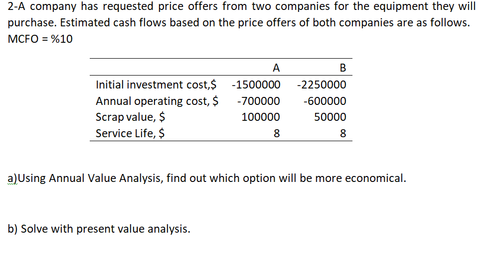 2-A company has requested price offers from two companies for the equipment they will
purchase. Estimated cash flows based on the price offers of both companies are as follows.
MCFO = %10
А
В
Initial investment cost,$
-1500000
-2250000
Annual operating cost, $
-700000
-600000
Scrap value, $
Service Life, $
100000
50000
8
8
a)Using Annual Value Analysis, find out which option will be more economical.
b) Solve with
esent value analysis.
