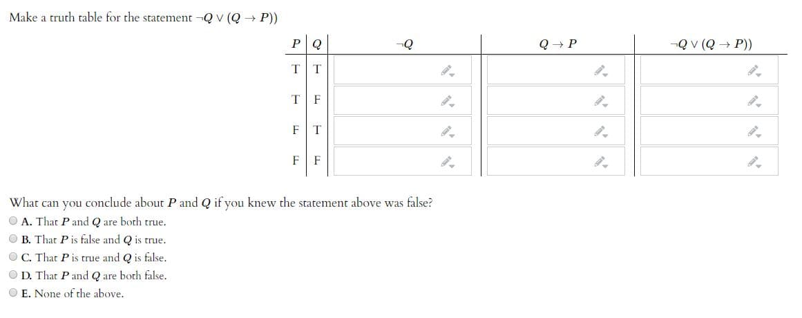 Make a truth table for the statement Qv (Q + P))
QV(Q + P))
T.
What can you conclude abouc Pand Q if you knew the scatement above was false?
O A. That Pand Q are both true.
OB That Pis false and Q is true.
OC. That Pis truc and Q is fibe.
OD. Thar Pand Q are borh filse.
O E. None of the above.
