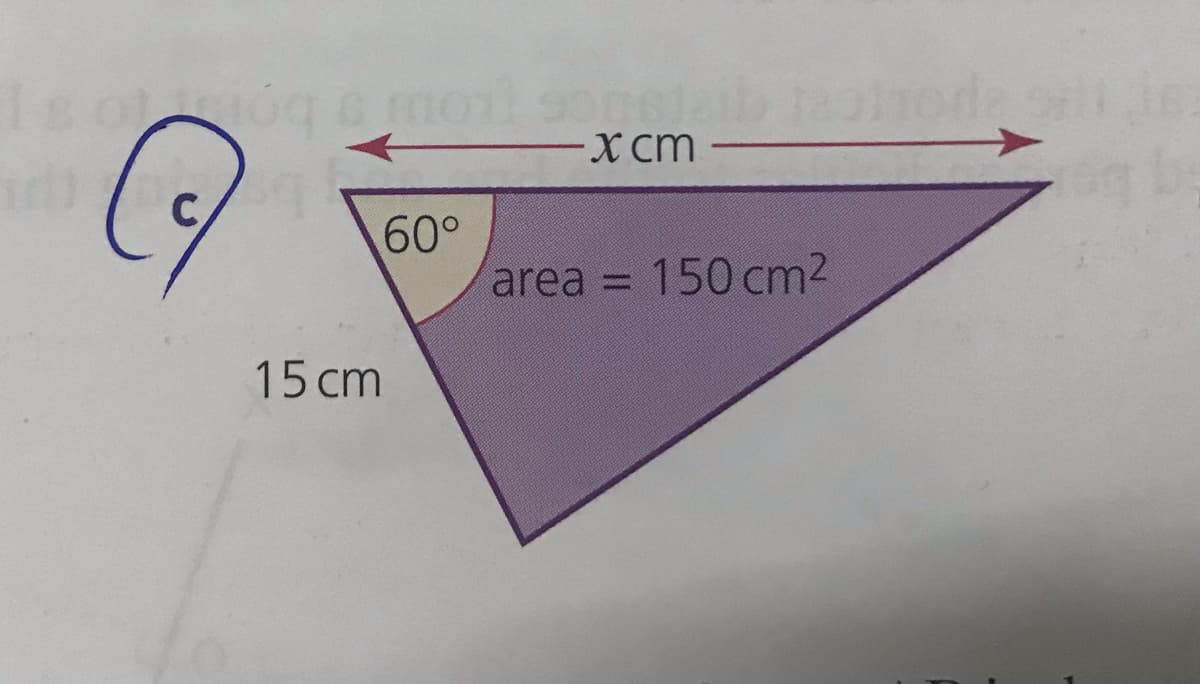 X cm
60°
area
150 cm2
15 cm
