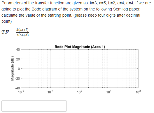 Parameters of the transfer function are given as: k=3, a=5, b=2, c=4, d=4, if we are
going to plot the Bode diagram of the system on the following Semilog paper,
calculate the value of the starting point. (please keep four digits after decimal
point)
k(as +b)
s(cs+d)
TF
40
Bode Plot Magnitude (Axes 1)
20
-20
-40
102
10-1
100
10'
102
Magnitude (dB)
