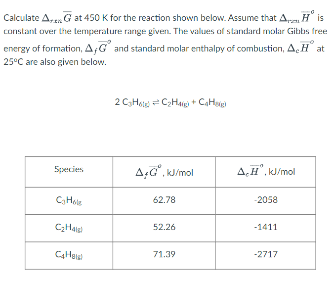 Calculate AranG at 450 K for the reaction shown below. Assume that Aron His
constant over the temperature range given. The values of standard molar Gibbs free
energy of formation, AG and standard molar enthalpy of combustion, AH at
25°C are also given below.
2 C3H6(g) C2H4(g) + C4H8(g)
Species
AGⓇ, kJ/mol
A.HⓇ, kJ/mol
C3H6(8
62.78
-2058
C₂H4(g)
52.26
-1411
C4H8(g)
71.39
-2717