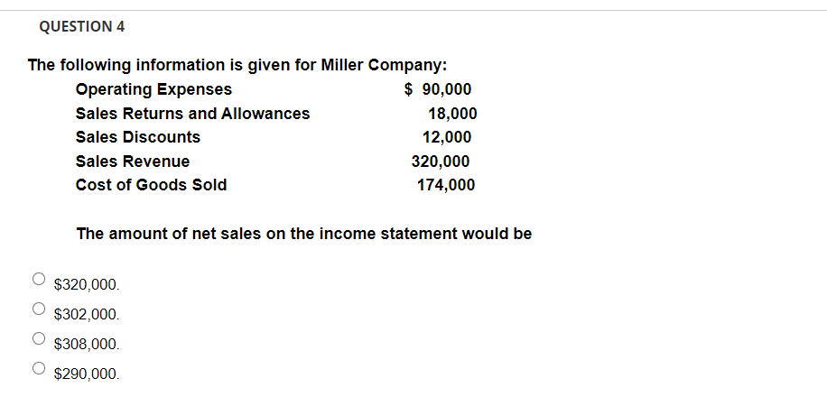 QUESTION 4
The following information is given for Miller Company:
Operating Expenses
$ 90,000
Sales Returns and Allowances
18,000
Sales Discounts
12,000
Sales Revenue
320,000
Cost of Goods Sold
174,000
The amount of net sales on the income statement would be
$320,000.
$302,000.
$308,000.
$290,000.
