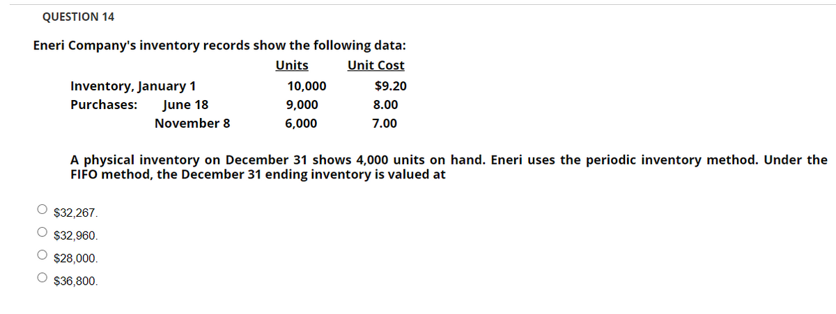 QUESTION 14
Eneri Company's inventory records show the following data:
Units
Unit Cost
Inventory, January 1
10,000
$9.20
Purchases:
June 18
9,000
8.00
November 8
6,000
7.00
A physical inventory on December 31 shows 4,000 units on hand. Eneri uses the periodic inventory method. Under the
FIFO method, the December 31 ending inventory is valued at
$32,267.
$32,960.
O $28,000.
O $36,800.
