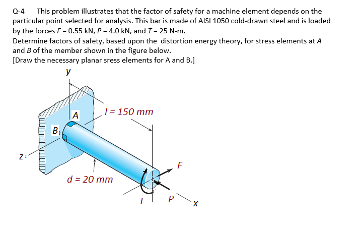 Determine factors of safety, based upon the distortion energy theory, for stress elements at A
and B of the member shown in the figure below.
